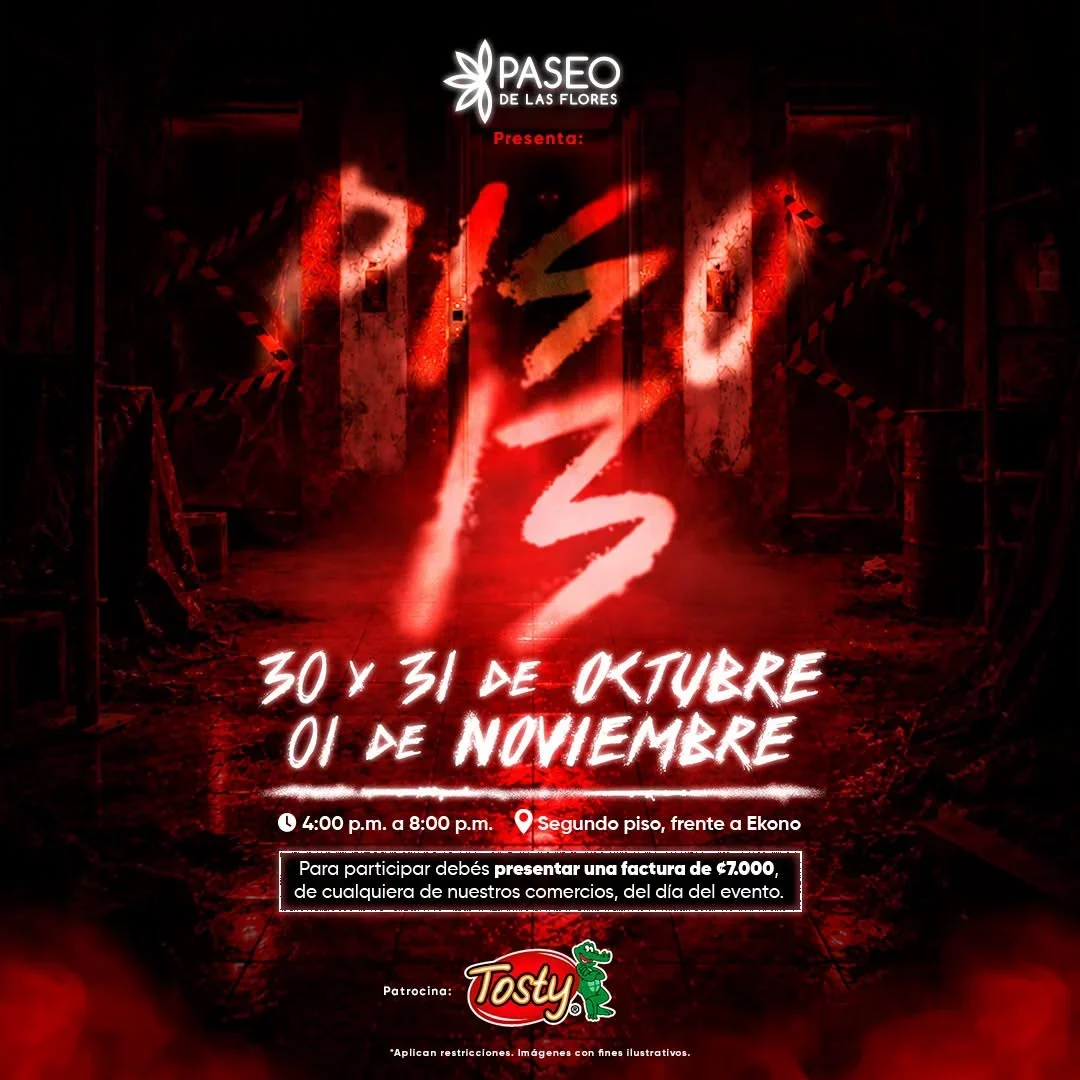 Atracción de terror en Paseo de las Flores: 'Piso 13' ofrece un recorrido escalofriante en el segundo piso frente a Ekono; entrada con factura de ₡7.000.