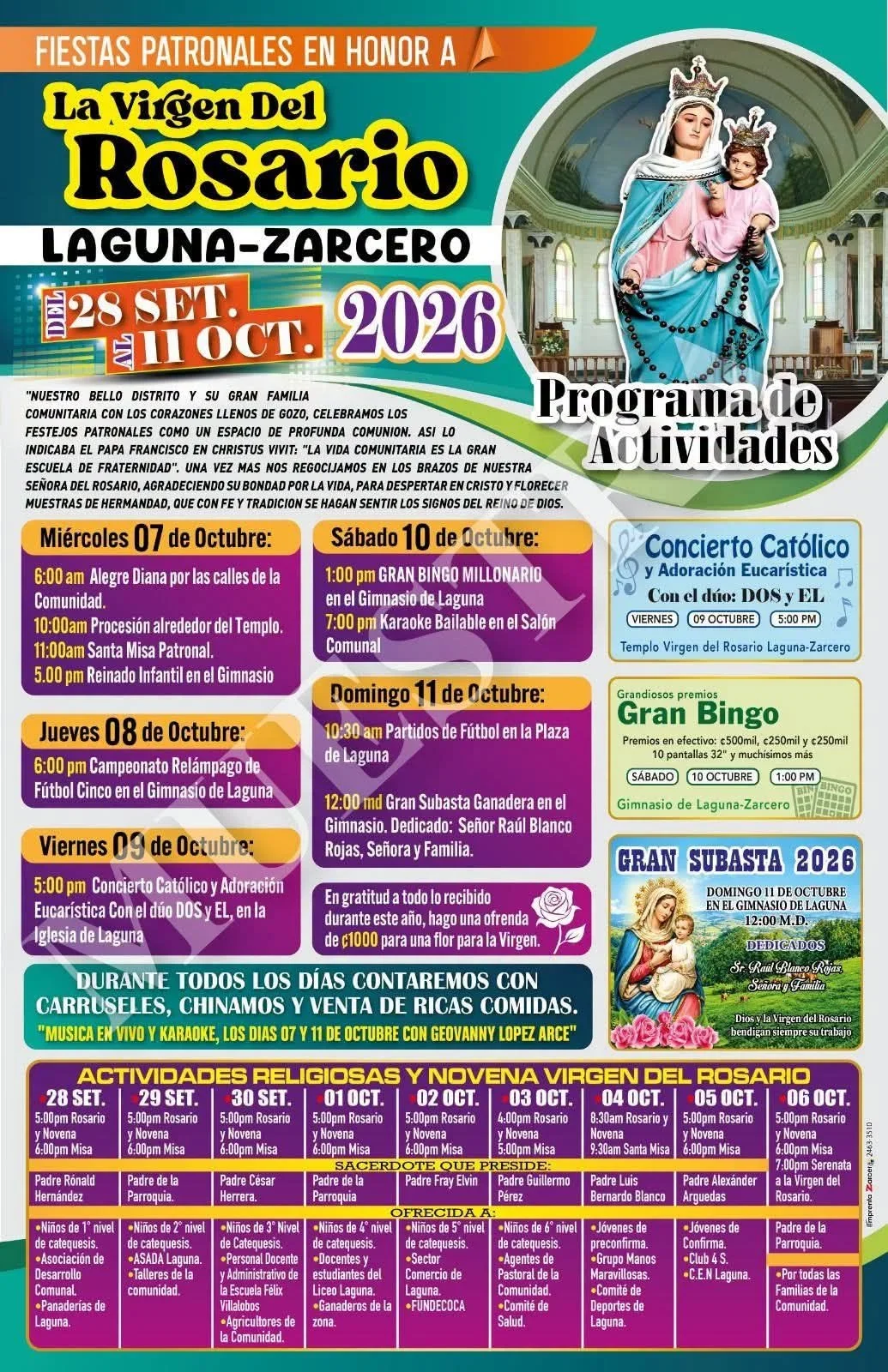 Fiestas Patronales en Honor a La Virgen del Rosario Laguna-Zarcero 2026