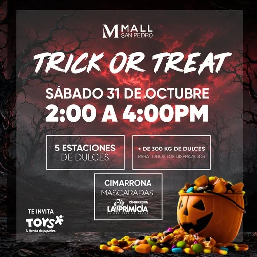 Disfruta Halloween con 5 estaciones de dulces y mascaradas en Mall San Pedro el 31 de octubre.