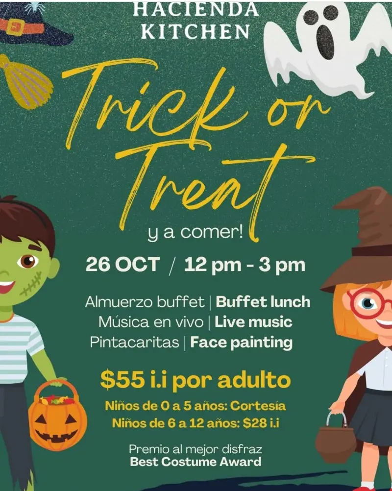 Que hacer hoy en Costa Rica: Hacienda Kitchen celebra Halloween con almuerzo buffet, música en vivo, pintacaritas y premio al mejor disfraz.