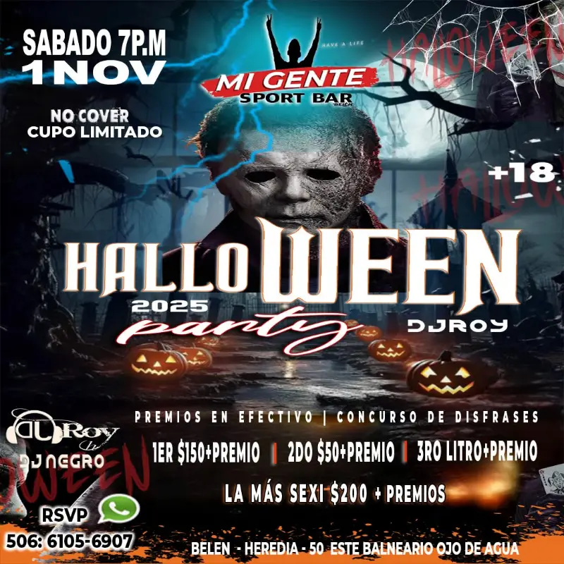 Que hacer hoy en Costa Rica: Este sábado 1 de noviembre disfrutá la mejor fiesta de Halloween en Belén con DJ Roy, concursos, rifas y premios en efectivo.