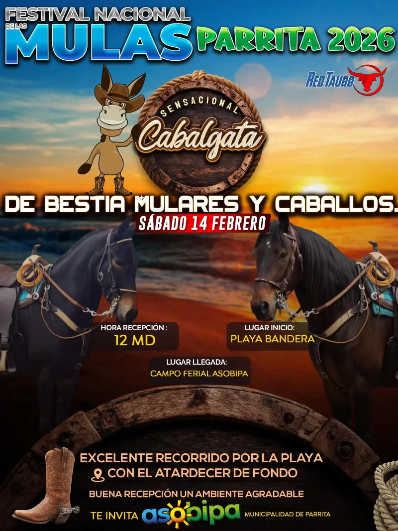 Que hacer hoy en Costa Rica: Una sensacional cabalgata de bestias, mulas y caballos en Parrita. Disfrutá el recorrido por la playa con el atardecer de fondo.