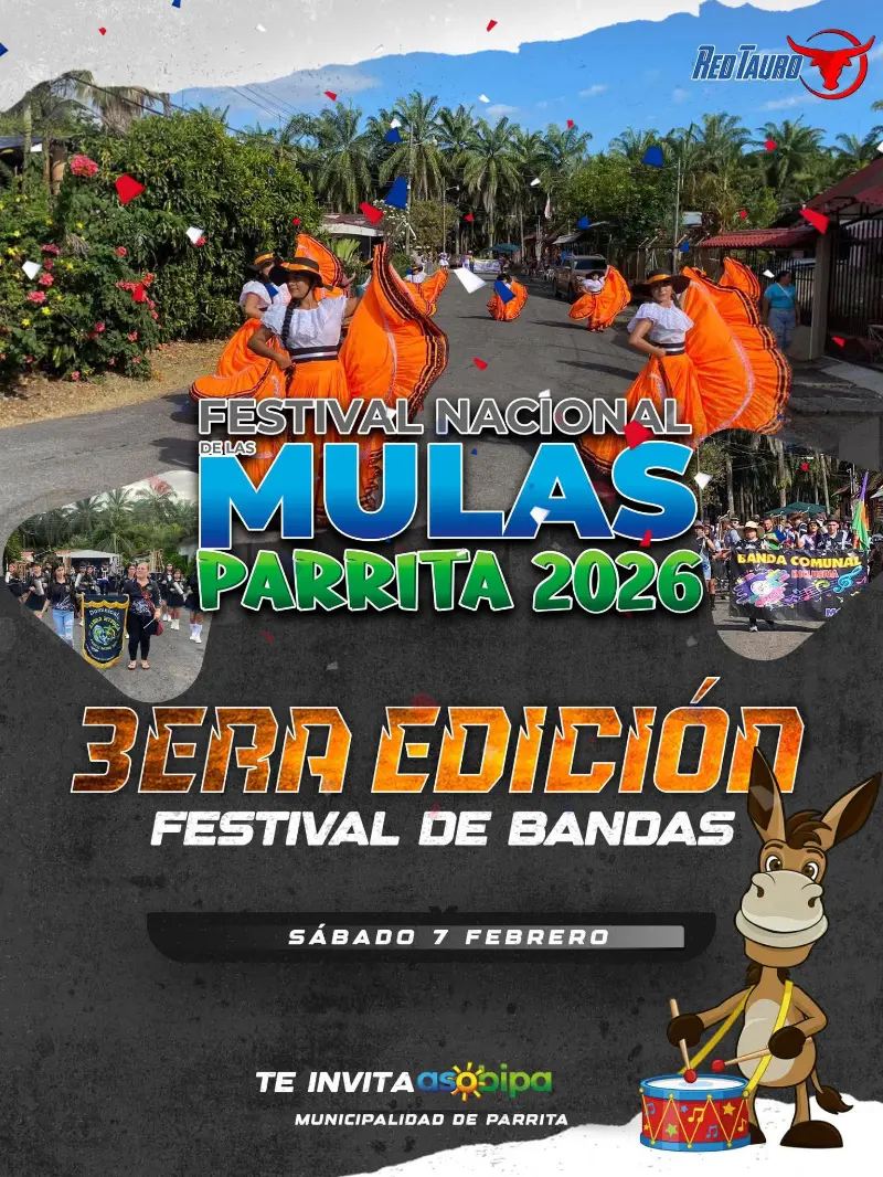 Que hacer hoy en Costa Rica: Parrita celebra su 3era edición del Festival de Bandas dentro del Festival Nacional de las Mulas 2026.