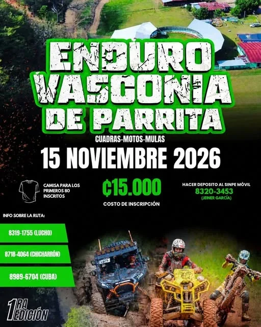 Evento de enduro con motos, cuadras y mulas en Vasconia de Parrita, lleno de aventura y adrenalina el 15 de noviembre de 2026.