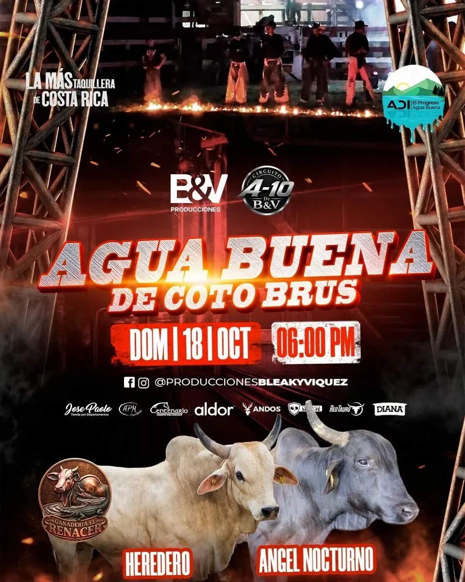 Evento de monta de toros con grandes ganaderías y montadores en Agua Buena de Coto Brus el 18 de octubre.