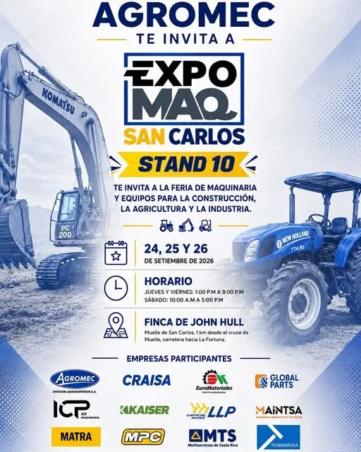 Feria de maquinaria para construcción, agricultura e industria en San Carlos con entrada gratuita.