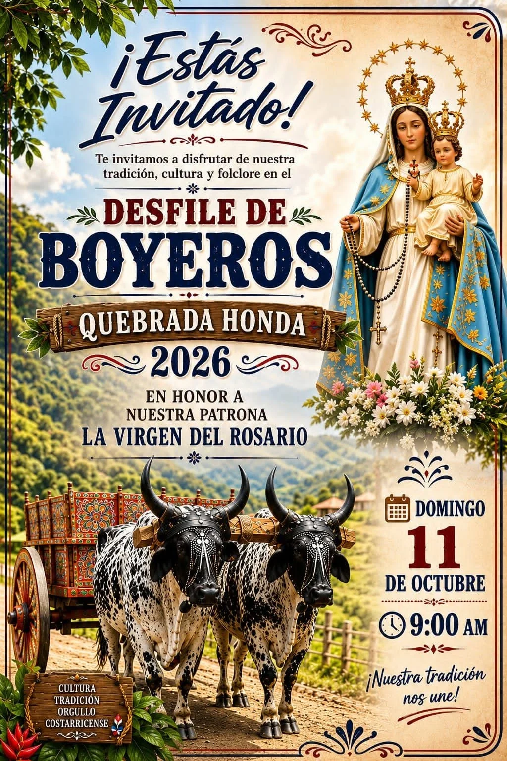 Disfruta la tradición y cultura en el Desfile de Boyeros en Quebrada Honda, Pérez Zeledón, en honor a la Virgen del Rosario.
