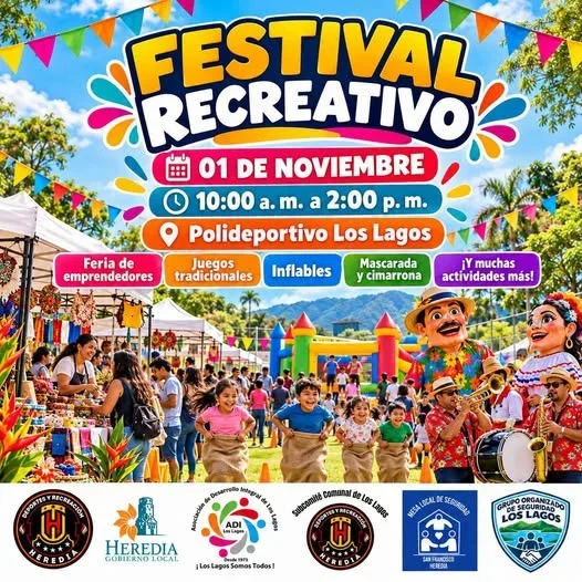 Festival recreativo con feria de emprendedores, juegos tradicionales, inflables y mascarada en el Polideportivo Los Lagos.