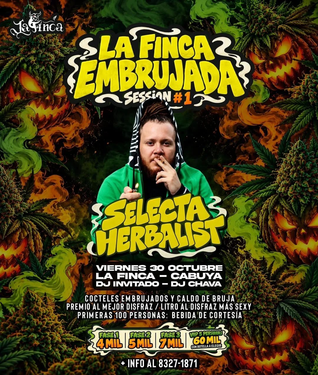 Noche embrujada con DJ Chava y Selecta Herbalist en La Finca, Cabuya, con premios al mejor disfraz y bebidas especiales.