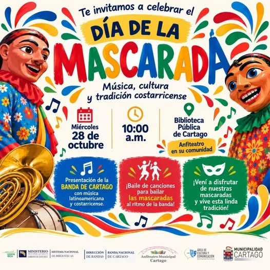 Celebración cultural en la Biblioteca Pública de Cartago con la Banda de Cartago y presentación de mascaradas a ritmo de música latinoamericana y costarricense.
