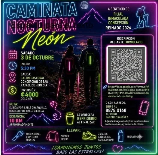 Caminata nocturna a beneficio de Filial Inmaculada Concepción con inscripción previa y recorrido de 10 km en San Rafael de Heredia.