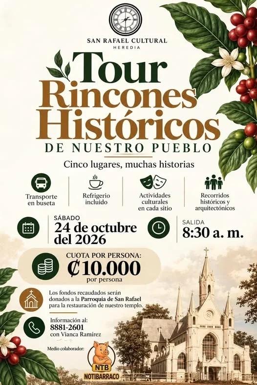Recorrido guiado por cinco rincones históricos de San Rafael (Heredia) con actividades culturales; lo recaudado apoya la restauración del templo.