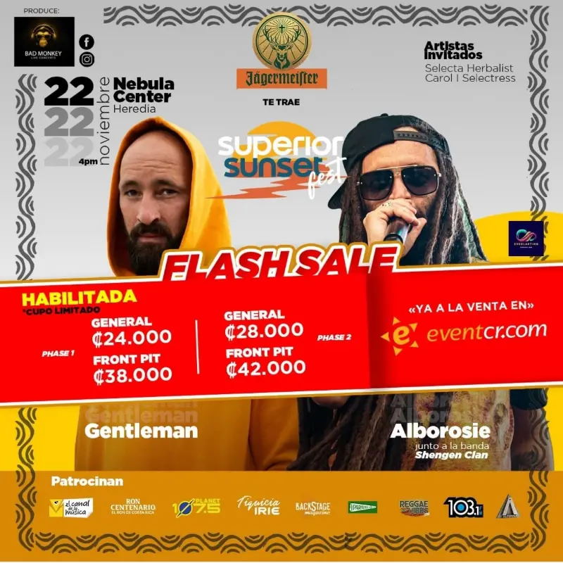 Que hacer hoy en Costa Rica: El reggae se toma Heredia con Gentleman y Alborosie en el Superior Sunset Fest. Sábado 22 de noviembre en Nebula Center.