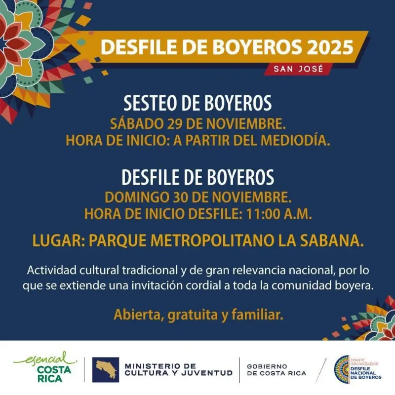 Que hacer hoy en Costa Rica: Celebrá la tradición costarricense en el Desfile Nacional de Boyeros en el Parque Metropolitano La Sabana.