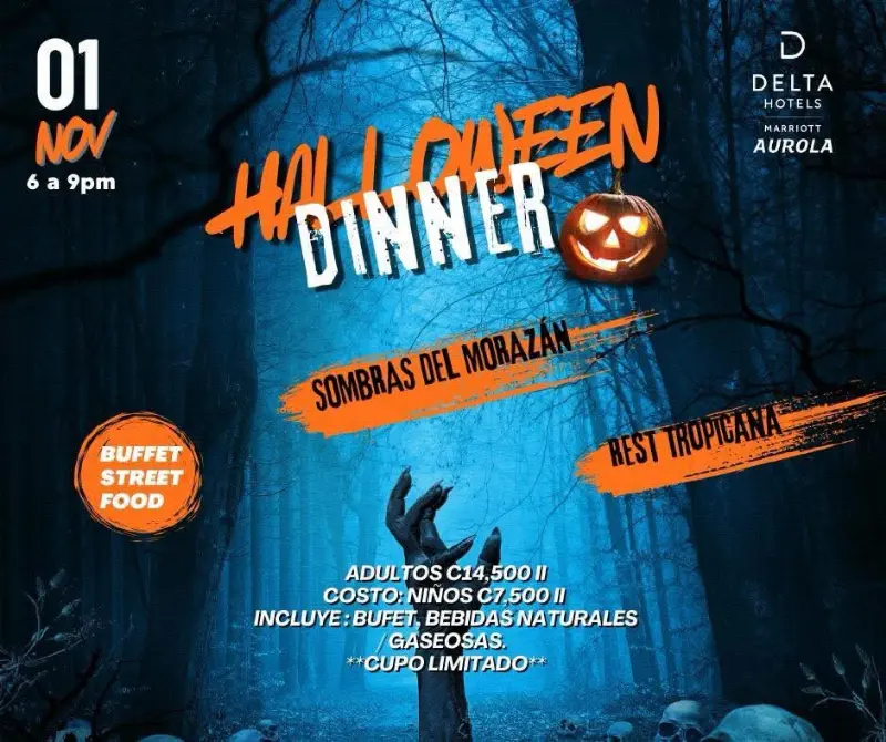 Que hacer hoy en Costa Rica: Una cena temática de Halloween con buffet y street food en el restaurante Tropicana del Hotel Marriott Aurola.