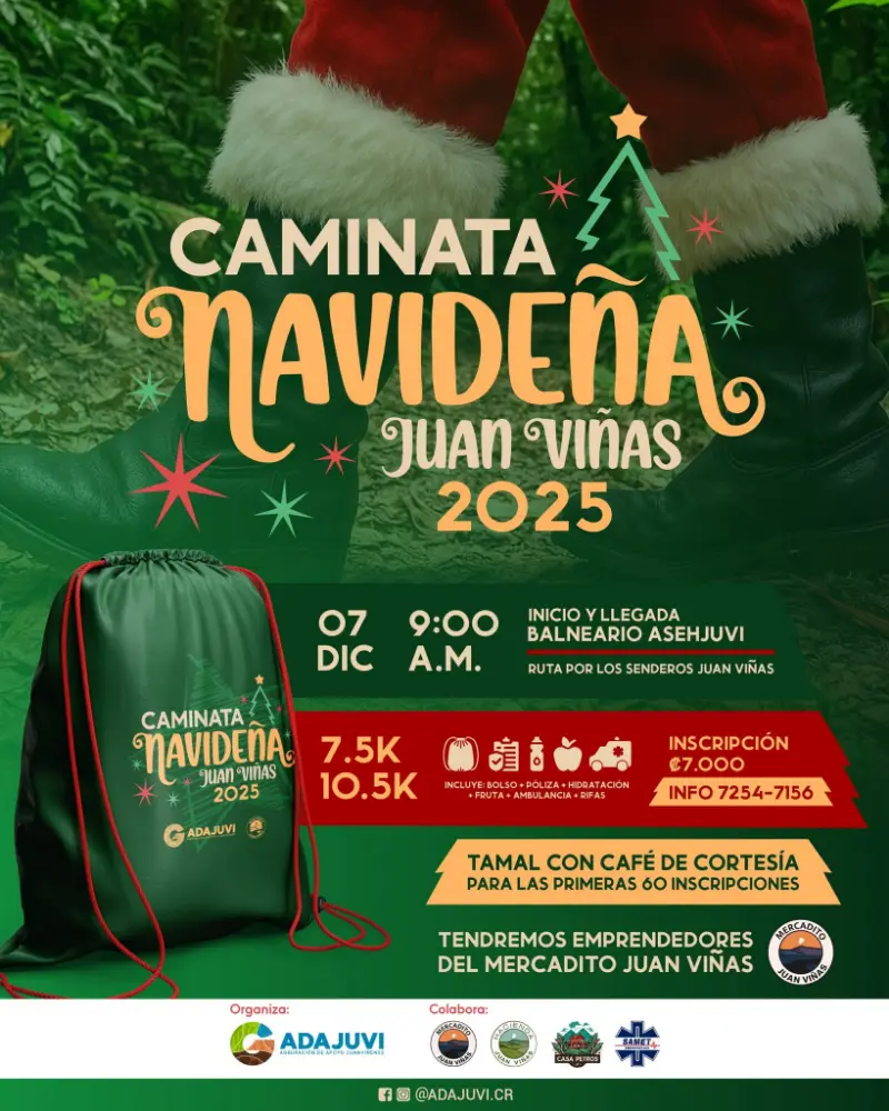 Que hacer hoy en Costa Rica: Viví una caminata navideña entre los senderos de Juan Viñas con rutas de 7.5K y 10.5K, ambiente familiar y regalos.