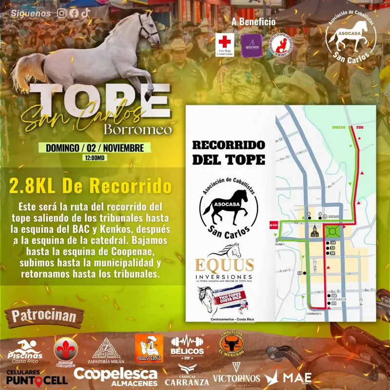 Que hacer hoy en Costa Rica: El tradicional Tope San Carlos Borromeo regresa con un recorrido de 2.8 km lleno de caballos, cultura y alegría. 🤠🇨🇷