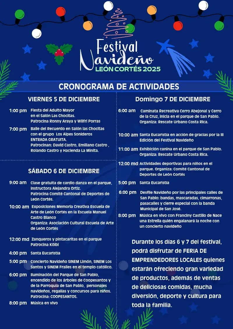 Que hacer hoy en Costa Rica: La magia de la Navidad llega a León Cortés con tres días llenos de música, cultura, deporte y alegría familiar.