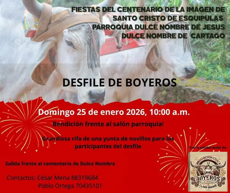 Que hacer hoy en Costa Rica: Celebra el centenario del Santo Cristo de Esquipulas con un tradicional desfile de boyeros lleno de fe, cultura y alegría.