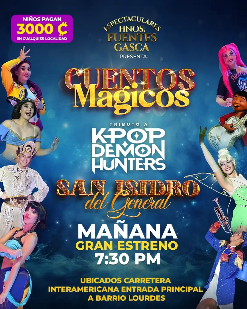 Que hacer hoy en Costa Rica: Un espectáculo lleno de fantasía con tributo a K-POP Demon Hunters y personajes mágicos. Niños pagan solo ₡3000.