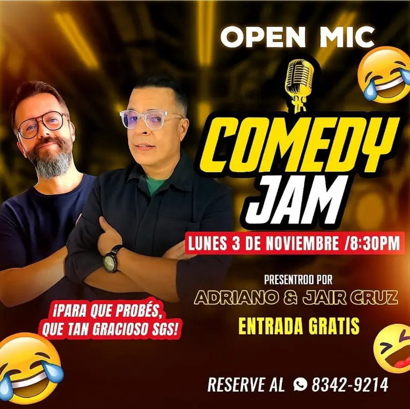 Que hacer hoy en Costa Rica: Este lunes 3 de noviembre vení a reírte y participar en el Open Mic Comedy Jam con Adriano y Jair Cruz. ¡Entrada gratis!