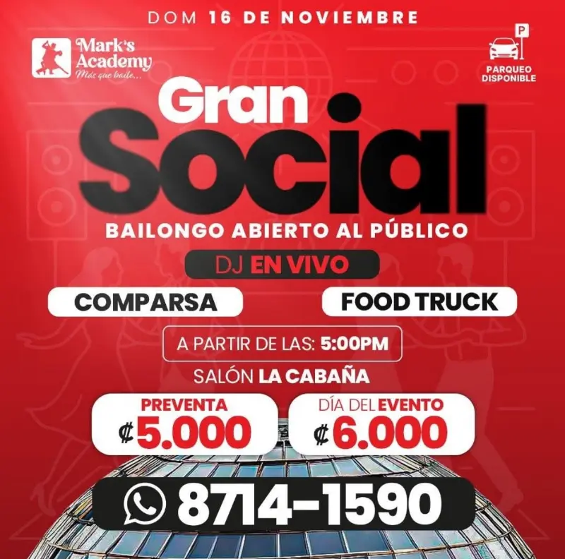 Que hacer hoy en Costa Rica: El 16 de noviembre, Alajuela vive el Gran Social de Mark’s Academy con DJ en vivo, comparsa y food trucks.