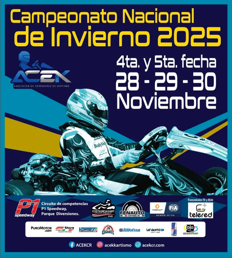 Que hacer hoy en Costa Rica: Del 28 al 30 de noviembre se correrán la 4ta y 5ta fecha del Campeonato Nacional de Kartismo en la pista P1 Speedway, donde se definirán los campeones.