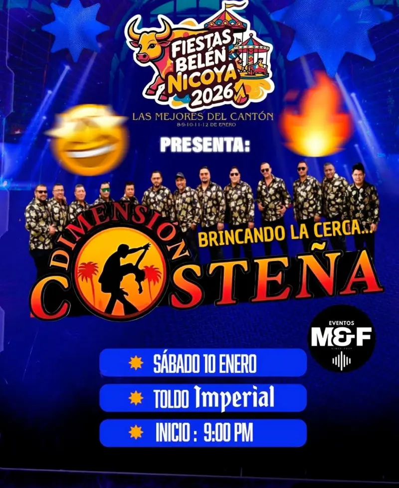Que hacer hoy en Costa Rica: Las mejores fiestas del cantón llegan con música, alegría y el gran concierto de Dimensión Costeña en el toldo Imperial.