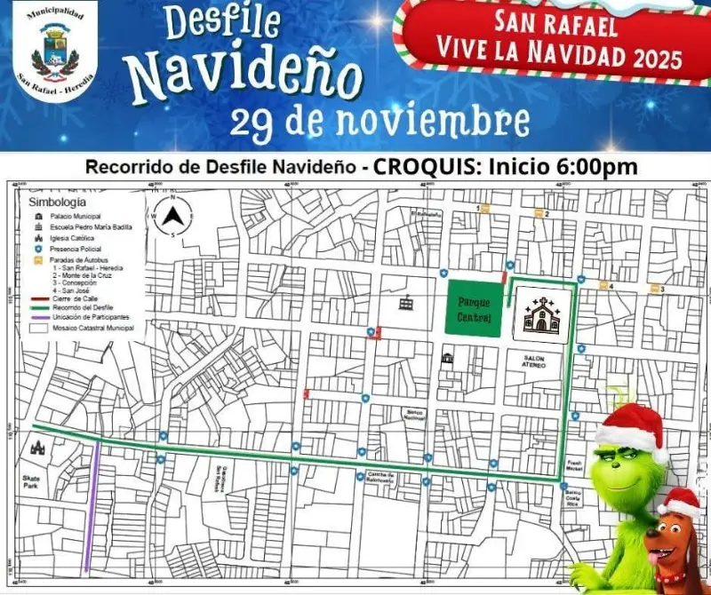 Que hacer hoy en Costa Rica: El tradicional desfile navideño ilumina las calles de San Rafael el 29 de noviembre con carrozas, bandas y personajes festivos.