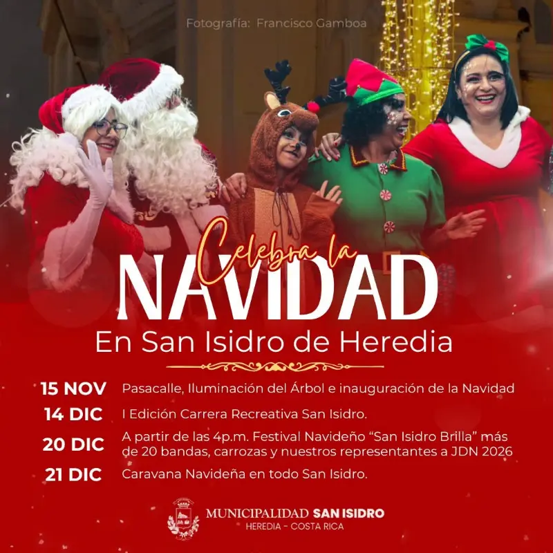Que hacer hoy en Costa Rica: San Isidro de Heredia celebra la Navidad con actividades llenas de música, luces, deporte y alegría durante todo diciembre.