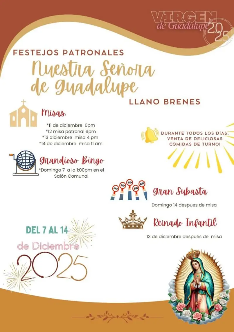 Que hacer hoy en Costa Rica: Celebración religiosa y cultural en honor a la Virgen de Guadalupe del 7 al 14 de diciembre.
