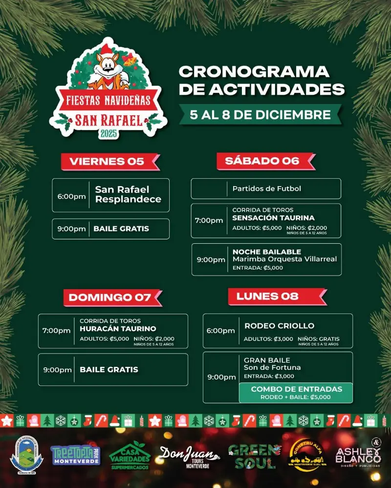 Que hacer hoy en Costa Rica: Del 5 al 8 de diciembre, San Rafael de Abangares celebra con música, toros, rodeo y pura diversión.
