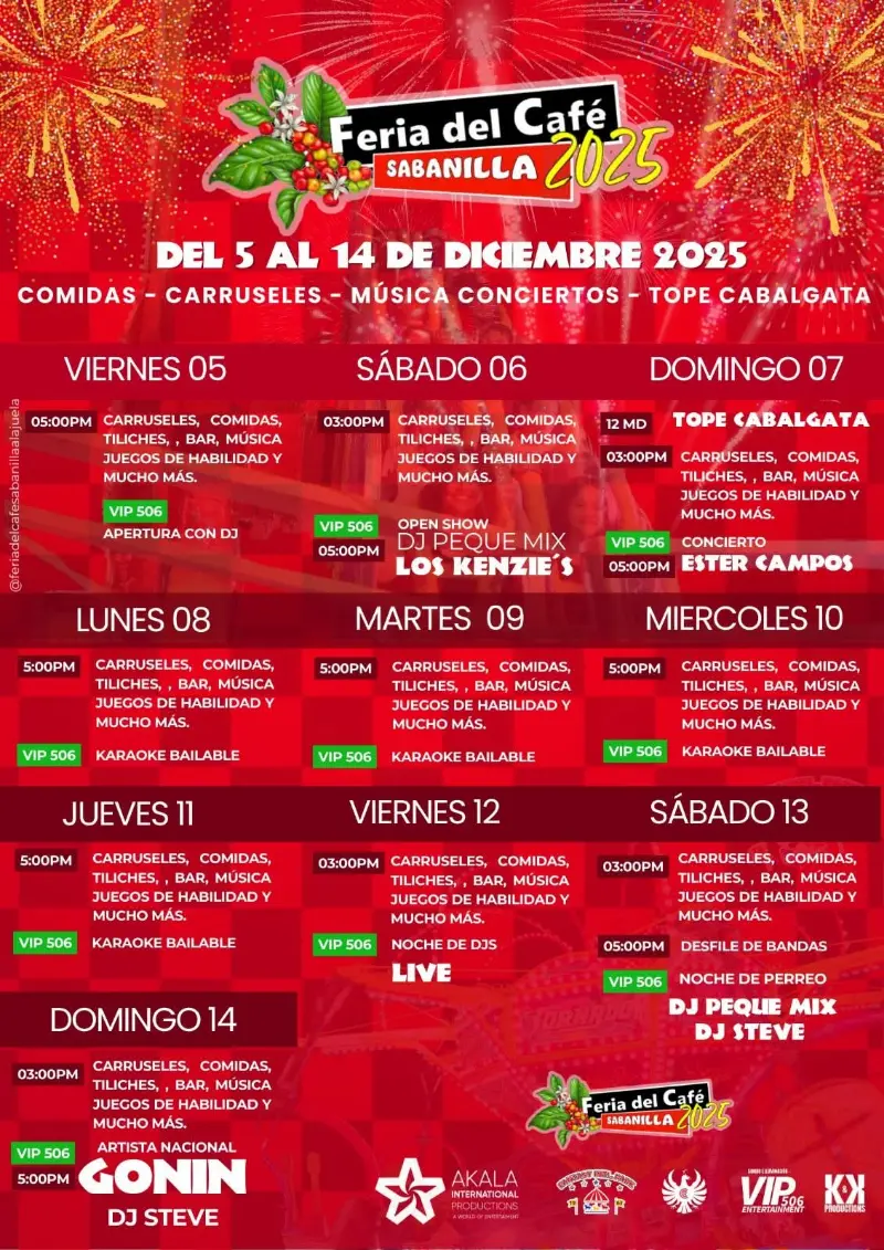 Que hacer hoy en Costa Rica: Del 5 al 14 de diciembre, vuelve la tradicional Feria del Café en Sabanilla con juegos, comidas, toros y mucha diversión.