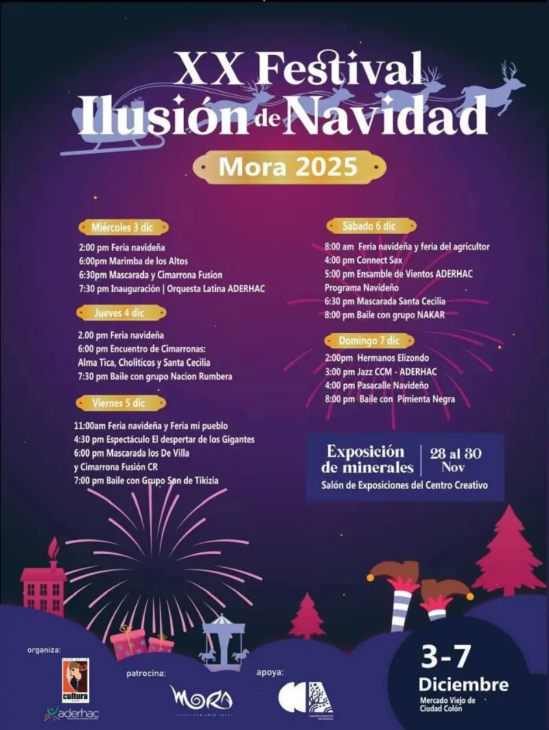 Que hacer hoy en Costa Rica: Festival navideño de varios días con música, bailes, mascaradas, feria navideña, pasacalles y actividades culturales.