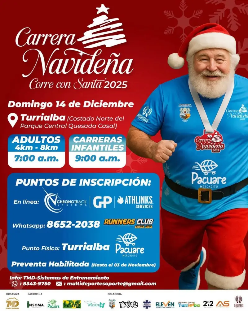 Que hacer hoy en Costa Rica: Participá en la carrera más alegre del año con Santa Claus en Turrialba. Distancias para niños y adultos.
