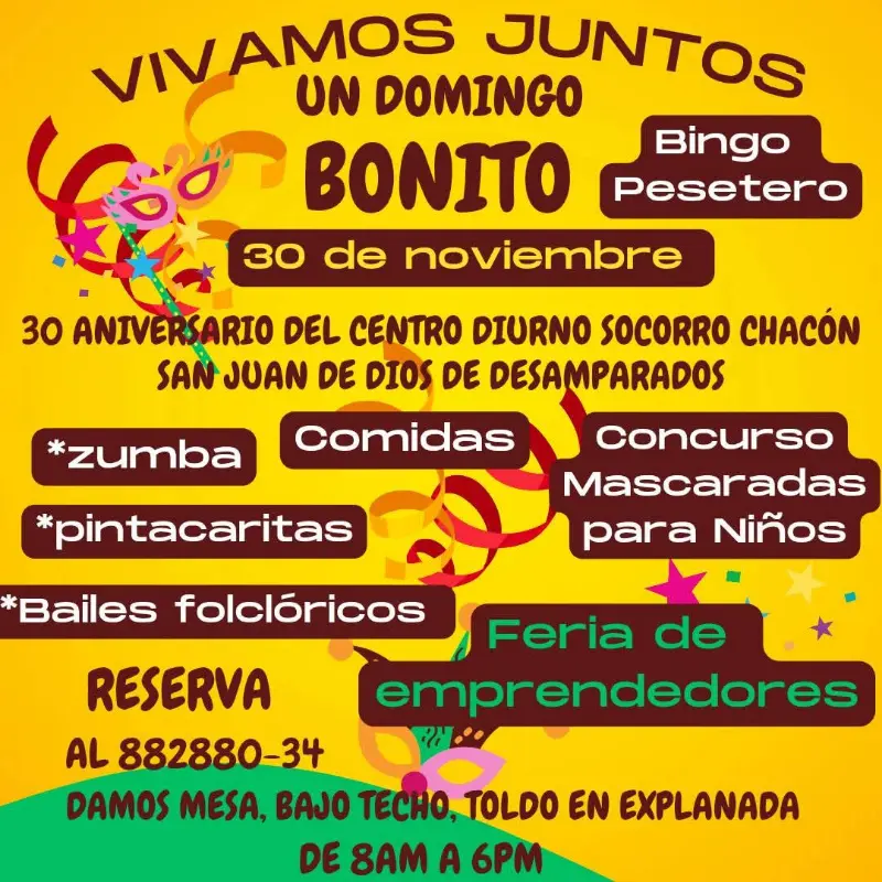 Celebración del 30 aniversario del Centro Diurno Socorro Chacón con bingo, feria de emprendedores y actividades familiares en San Juan de Dios de Desamparados.