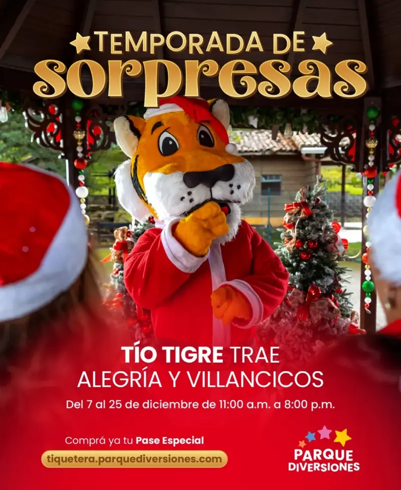 Que hacer hoy en Costa Rica: Del 7 al 25 de diciembre, disfrutá la alegría y los villancicos con Tío Tigre en el Parque Diversiones.