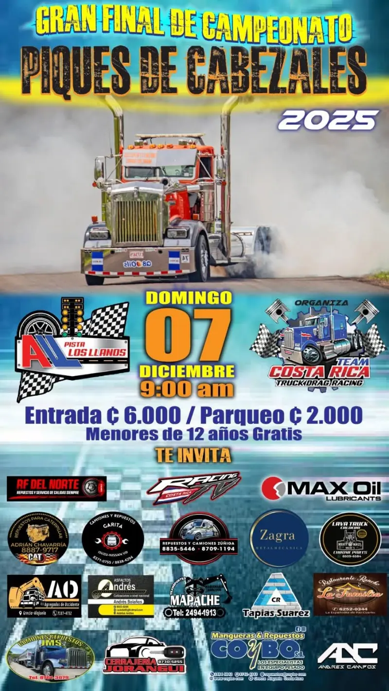 Que hacer hoy en Costa Rica: El 7 de diciembre se corre la final del campeonato 2025 de piques de cabezales en Pista Los Llanos.