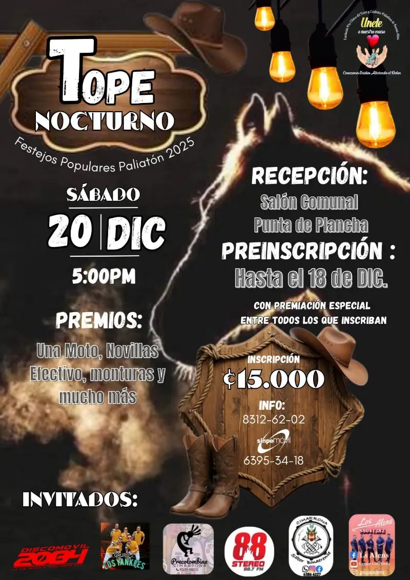 Que hacer hoy en Costa Rica: El 20 de diciembre se realizará el Tope Nocturno Paliatón 2025 con salida desde el Salón Comunal Punta de Plancha.