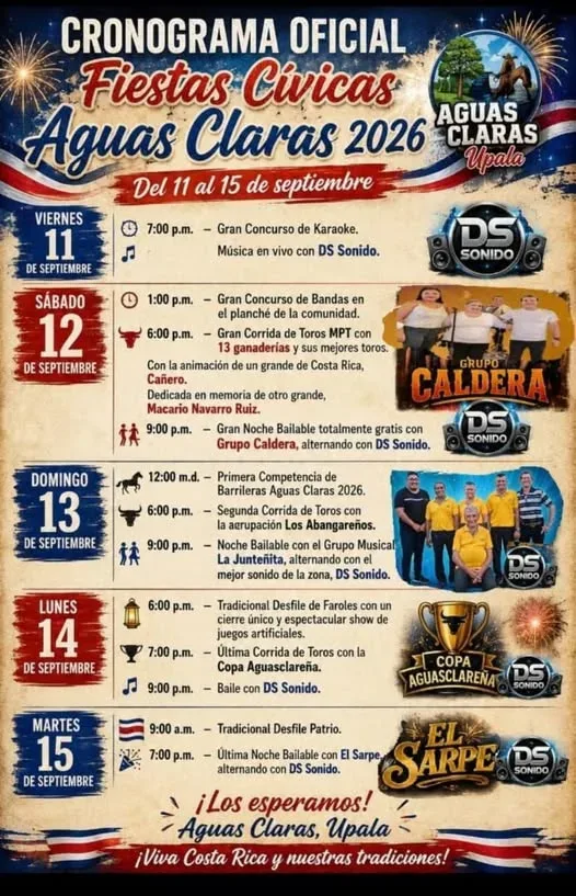 Celebra las Fiestas Cívicas en Aguas Claras, Upala, con música, toros y actividades para toda la familia.