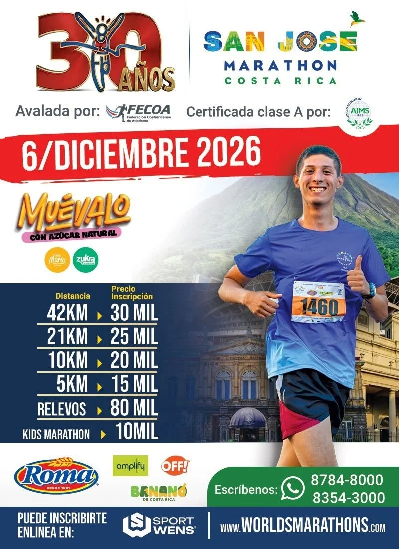 Carrera internacional en San José con distancias de 42K, 21K, 10K, 5K, relevos y Kids Marathon el 6 de diciembre de 2026.