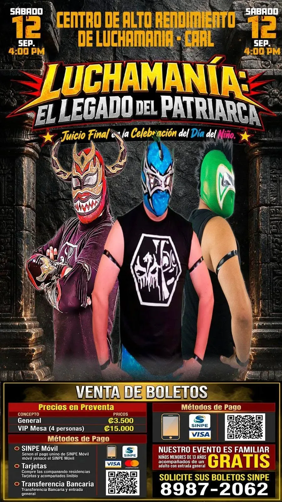 Disfruta de una emocionante tarde de lucha libre en el CARL, con grandes combates y actividades para toda la familia.