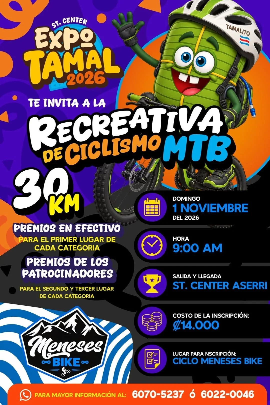 Recreativa de mountain bike de 30 km parte de la Expo Tamal 2026, con salida y llegada en St. Center Aserrí y premios en efectivo por categoría.