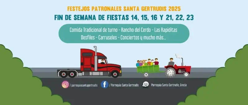 Fiestas tradicionales en Santa Gertrudis con comida típica, desfiles, carruseles, conciertos y actividades familiares.