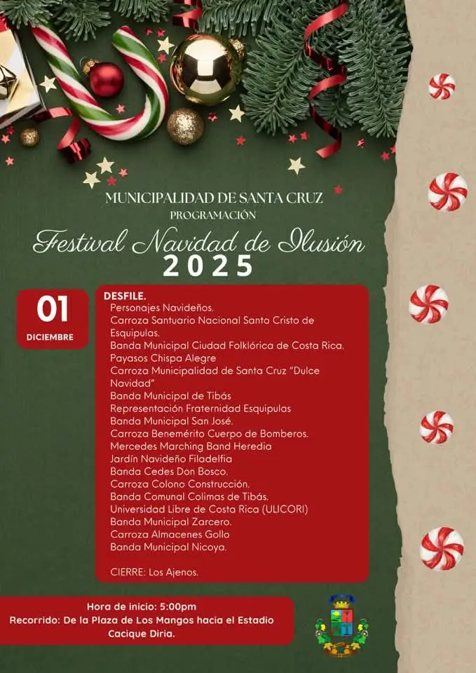 Que hacer hoy en Costa Rica: Festival navideño de Santa Cruz con desfiles, presentaciones en tarima, bandas, comparsas y actividades familiares del 1 al 7 de diciembre.