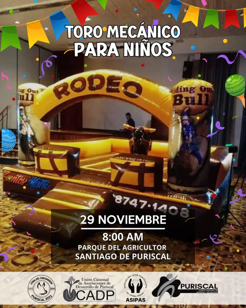 Actividad infantil con toro mecánico el 29 de noviembre en el Parque del Agricultor en Puriscal.