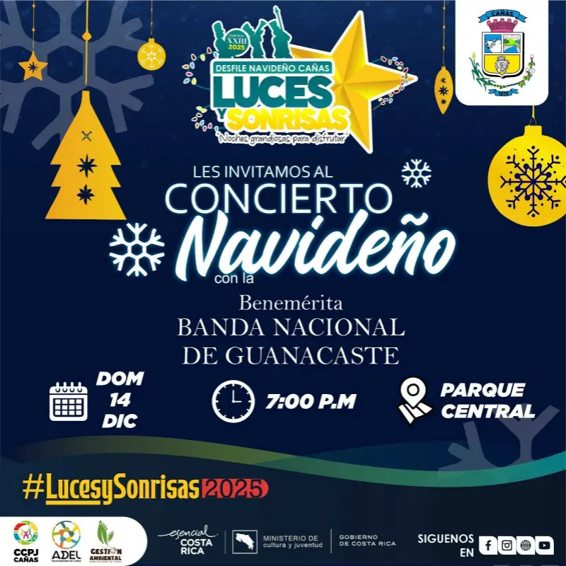 Que hacer hoy en Costa Rica: Concierto navideño con la Banda Nacional de Guanacaste en el Parque Central de Cañas.