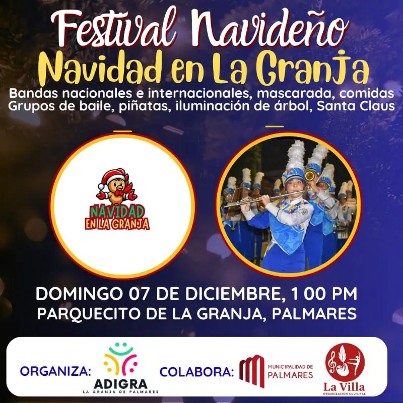 Que hacer hoy en Costa Rica: Festival navideño con bandas, mascarada, comidas, baile, piñatas y la iluminación del árbol en el Parquecito de La Granja.