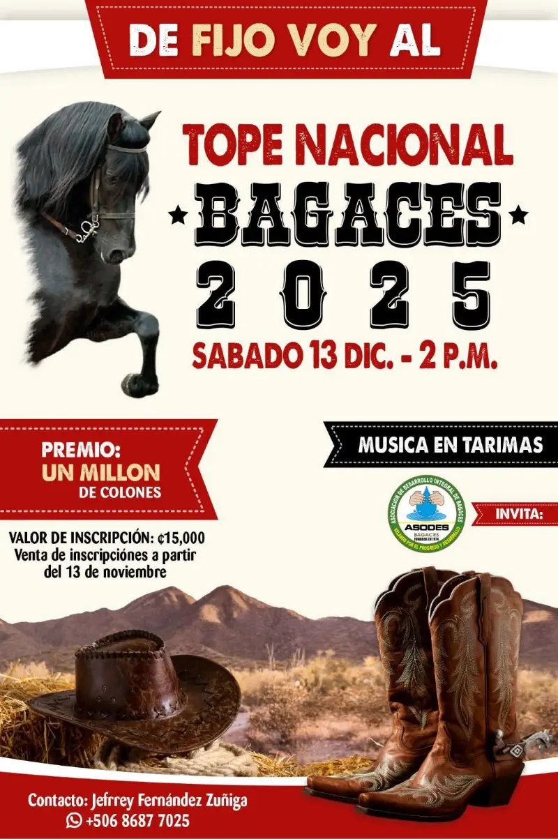 Que hacer hoy en Costa Rica: Gran tope nacional con música en tarimas y premio de un millón de colones.