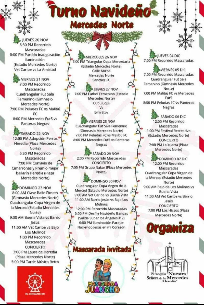 Que hacer hoy en Costa Rica: Actividades navideñas, deportes, conciertos y mascaradas en Mercedes Norte.